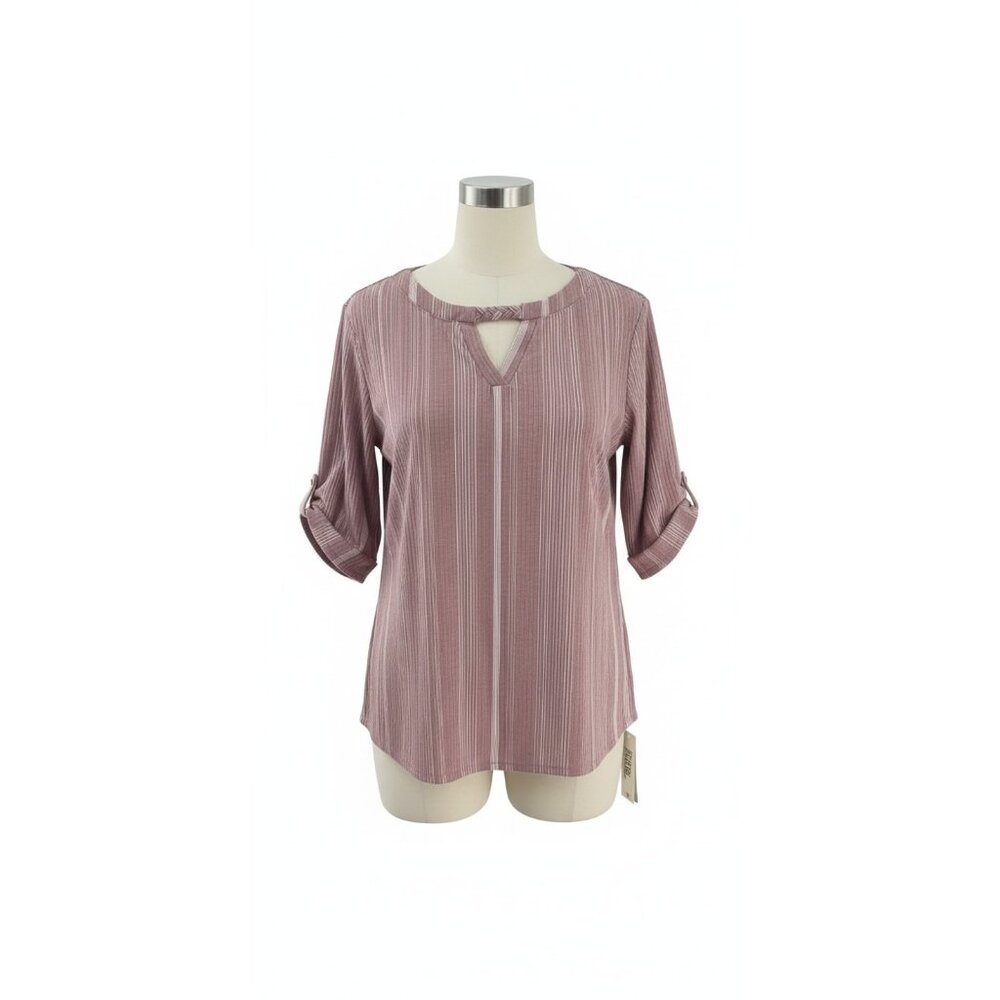 CURE Striped Roll Tab Sleeve Blouse Notch‎ Neck Stretch Women 2XL NWT